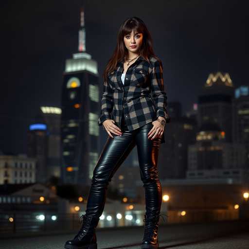 A woman stands confidently on a rooftop at night, wearing a black and white plaid shirt and black pants with her hair styled in loose waves. The city skyline forms the backdrop of this urban tableau, with tall buildings illuminated by artificial lights that cast long shadows across the scene.