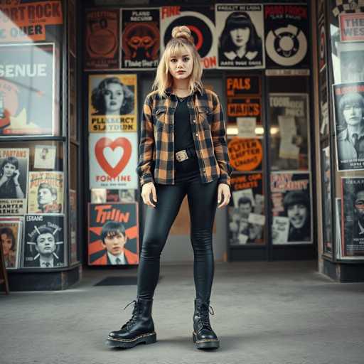 A young woman with blonde hair is standing confidently on a sidewalk outside a store window. She's dressed casually in a plaid shirt and black pants, and she's wearing black boots that match her outfit. The store window behind her displays various posters and signs, including one for "The Rolling Stones" and another for "Paint It Black".