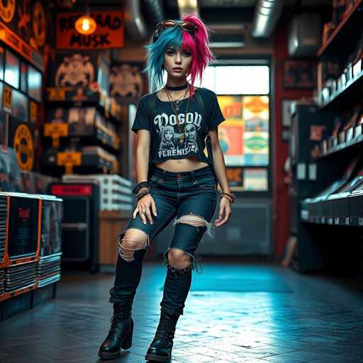 A young woman with blue hair and a black t-shirt featuring the words "Dragon" and "Frenk" stands confidently on a wooden floor inside a music store. She is wearing ripped jeans and boots, and her hair is styled in a vibrant mix of blue and pink colors. The background reveals shelves filled with various CDs and records, suggesting that this is a place where music lovers gather to explore their interests.