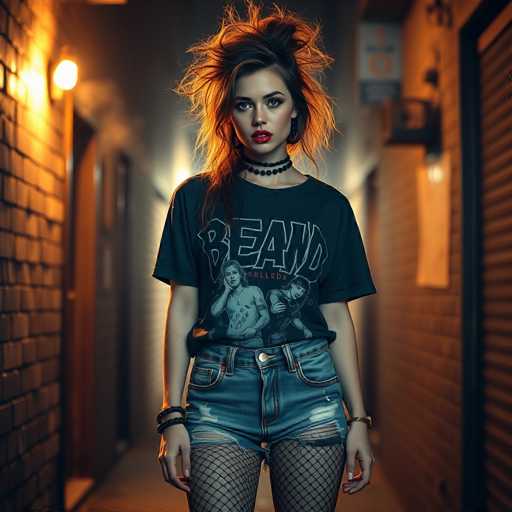 A young woman with long brown hair is standing in a dimly lit alleyway at night. She's wearing a black t-shirt that says "BEAN" and blue jeans. Her hair is styled in a messy bun, and she's wearing fishnet stockings. The background of the image shows a brick wall on one side and an orange door on the other.