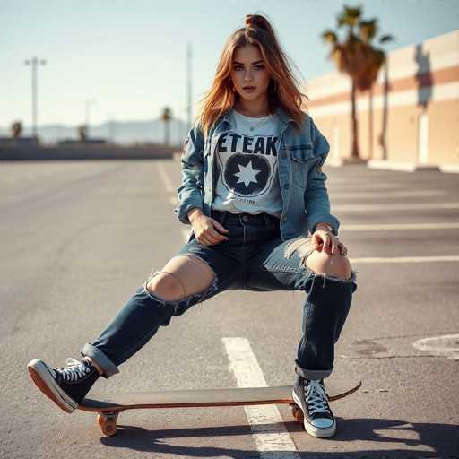 A young woman with red hair is sitting on a skateboard in the middle of an empty parking lot. She's wearing a denim jacket and jeans, and her feet are resting on the tail of the skateboard while she looks directly at the camera. The background features a building and palm trees, creating a casual and relaxed atmosphere for the photo.