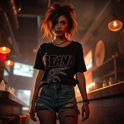 A young woman with long brown hair is standing in a dimly lit bar, wearing a black t-shirt that says "BEAN" and blue jeans. She has her hands on her hips and is looking directly at the camera. The background features a brick wall with a clock hanging above it, and there are several bottles scattered around the room.