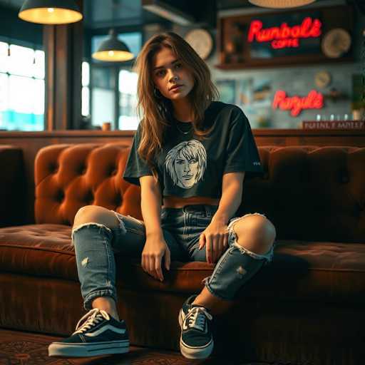 A young woman is seated on a brown leather couch with her legs crossed and wearing a black t-shirt featuring a white graphic of a face and blue jeans. She has white sneakers on her feet. The background includes a red neon sign for the "RUNBALLE" coffee shop, which appears to be lit by two hanging lights above it.