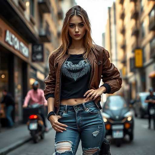A young woman stands confidently on a city street, dressed in a brown leather jacket and blue jeans with her hands placed on her hips. Behind her is a building with the sign "BALTON TOWNSHIP". A black car is parked nearby, and another person can be seen walking away from the camera.