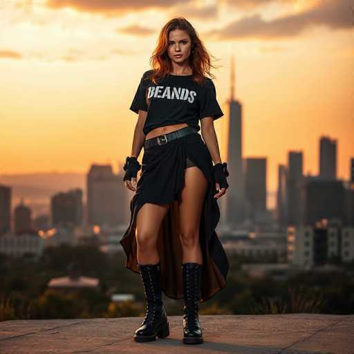 A woman with red hair is standing on a rooftop at sunset, wearing a black t-shirt that says "BEANS" and a skirt made of black fabric. She has her arms crossed over her chest in a relaxed pose. The city skyline forms the backdrop to this scene, which appears to be taken during the golden hour when the sun's rays create a warm glow on the buildings.