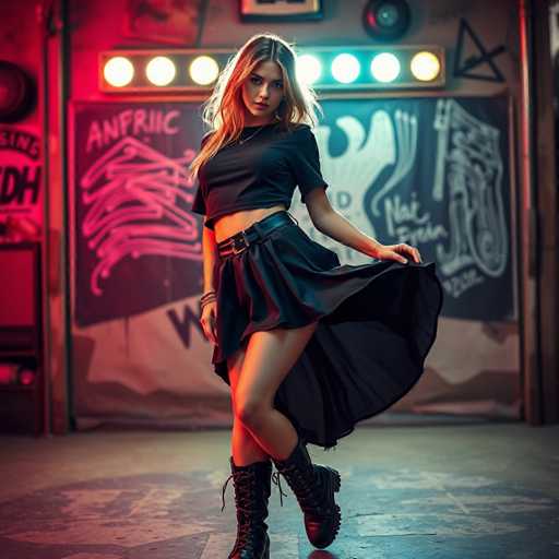 A young woman is standing on a concrete floor in front of a graffiti-covered wall with neon lights and a sign that reads "ANFRIC". She is wearing a black crop top and skirt, boots, and has her hair styled in loose waves.