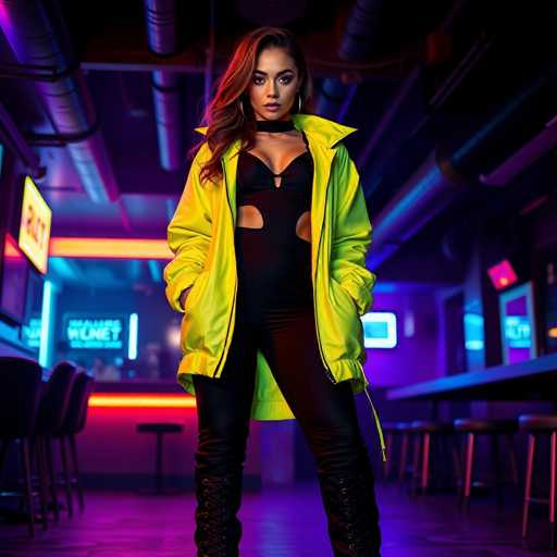 A woman is standing in a dimly lit bar with neon lights and blue walls. She is wearing a black jumpsuit with a yellow jacket over it, and high heels. The woman has long brown hair that falls down her shoulders.