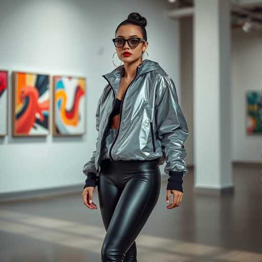 A woman is standing in an art gallery wearing a silver jacket and black pants with red lipstick on her lips. She has her hands in her pockets and is looking directly at the camera. The background features three paintings hanging on the wall behind her.