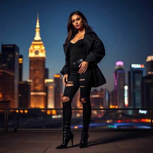 A woman stands confidently on a rooftop at night, wearing a black coat and ripped jeans with high heels. The city skyline forms the backdrop of her image, with tall buildings illuminated against the dark sky.