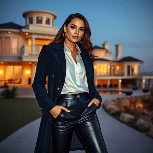 A woman is standing on a sidewalk in front of a large house with a pool and a white fence. She is wearing a black coat, a white blouse, and black pants. The sky above her is dark blue, suggesting that it might be nighttime or the photo was taken during sunset.