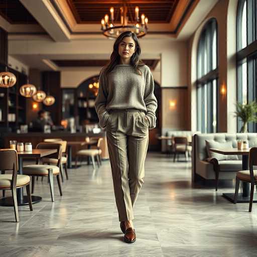 A woman is standing in a restaurant with her hands in her pockets and wearing a gray sweater over a white shirt. The restaurant has wooden chairs and tables arranged around the room, creating an inviting atmosphere. A chandelier hangs from the ceiling, casting light onto the scene below.