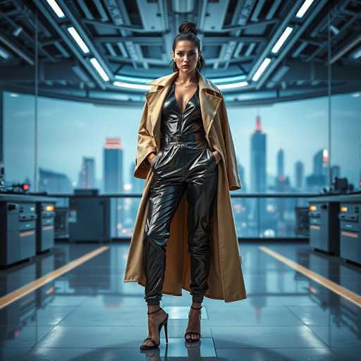 A woman is standing confidently on a black floor in front of a large window that offers an expansive view of the city skyline. She is dressed in a long beige trench coat and high heels, with her hands casually tucked into her pockets. The background features a modern office space with sleek lines and minimalist design elements.