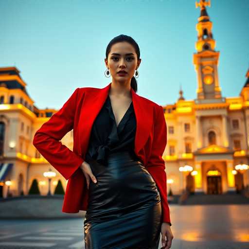 A woman is standing on a street at night, wearing a red blazer and black skirt with her hair styled in an updo. She is looking directly at the camera while posing for the photo. The background features a large building with a clock tower, suggesting that they are in a city or town center.