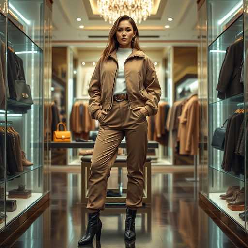 A woman stands confidently in front of a glass display case filled with clothing items, including coats and bags. She is wearing a beige jacket over brown pants and black boots. The background features a store interior with shelves displaying various clothing items.