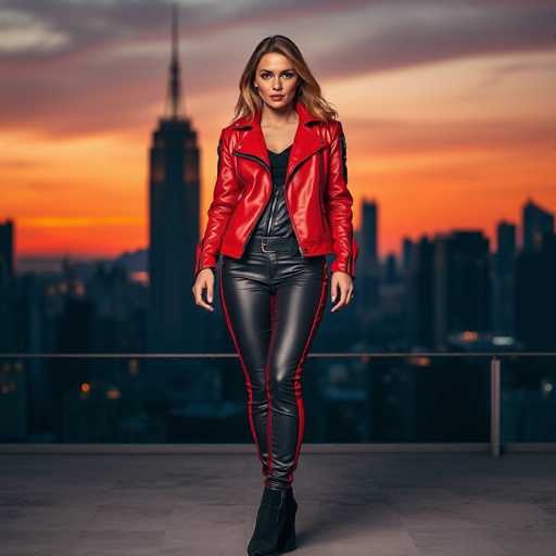 A woman is standing on a balcony with a city skyline in the background. She is wearing a red leather jacket and black pants, and she has her hands in her pockets. The sky behind her is orange and pink, suggesting either sunrise or sunset.