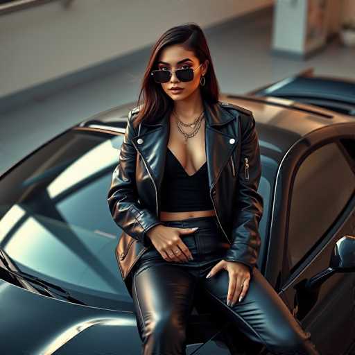 A woman is seated on the hood of a black sports car with sunglasses resting on her head and a necklace around her neck. She is wearing a black leather jacket and pants. The car has a sleek design and a shiny exterior that reflects light.