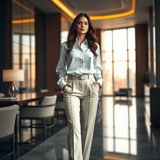 A woman with long brown hair is walking down a hallway in an office building. She is wearing a white blouse and beige pants. The hallway has large windows that let in natural light, creating a bright and airy atmosphere. There are several chairs arranged along the walls of the hallway, suggesting a workspace or common area within the building.
