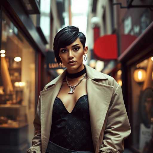 A woman with short black hair is standing in front of a store window on a city street at night. She is wearing a beige trench coat and a black dress shirt with a white logo. The store behind her has a red sign that reads "LUXURY".