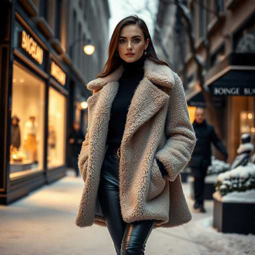 A woman is walking down a city street wearing a beige coat and black pants with her hands in her pockets. She has long brown hair that falls over her shoulders. The background includes a store window displaying a sign for "Bagel" and another store window with a sign for "Muse".