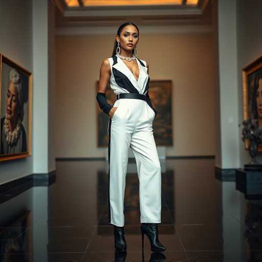A woman is standing confidently on a black and white tiled floor in an art gallery. She is wearing a black and white jumpsuit with a plunging neckline and high heels. The background features two paintings hanging side by side - one depicting a woman's face and the other showcasing a man's face, both rendered in black and white.
The woman has her hands tucked into her pockets and her gaze directed towards the camera.