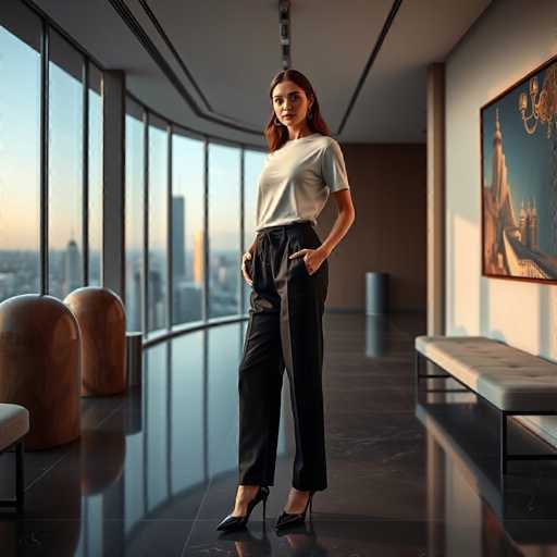 A woman is standing confidently in a modern room with large windows that offer a view of the city skyline. She is dressed in a white shirt and black pants, complemented by black heels. The room has a sleek design, featuring a high ceiling and a glass wall that reflects the surrounding environment. A painting hangs on the wall behind her, adding an artistic touch to the space.