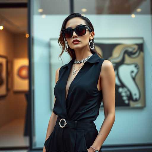 A woman is standing in front of a store window wearing a black dress and sunglasses. She has her hands in her pockets and is looking directly at the camera with an air of confidence. The store window behind her displays a painting that adds to the artistic ambiance of the scene.