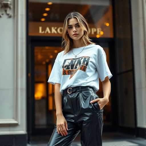 A young woman is standing on a sidewalk outside a building with a black and white sign that reads "LAKOOPO". She is wearing a white t-shirt with the word "LAKOOPO" printed on it in orange letters. The woman has long brown hair and is holding her hands together, facing the camera directly.