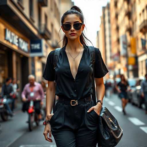 A woman is walking down a city street wearing a black dress and sunglasses with her hands in her pockets. She has a black purse slung over her shoulder. In the background, there are people riding bicycles and others walking on the sidewalk.