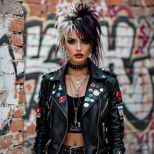 A young woman with long hair styled in a punk rock look is standing against a brick wall covered in graffiti and wearing a black leather jacket adorned with various pins and patches.