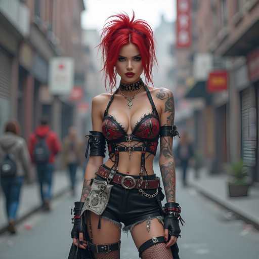 A woman with red hair and tattoos stands on a city street, wearing black shorts and leather boots. She is holding a purse over her shoulder and has a serious expression on her face. The background includes buildings and signs, suggesting an urban setting.