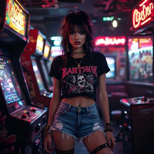 A young woman stands confidently in a vibrant arcade room, wearing a black t-shirt with the words "BANTSKIN" and "BANTSKIN", blue denim shorts, and black ankle boots. She is positioned in front of a neon sign that reads "Coca Cola". The arcade games surrounding her are illuminated by bright lights, creating an energetic atmosphere.