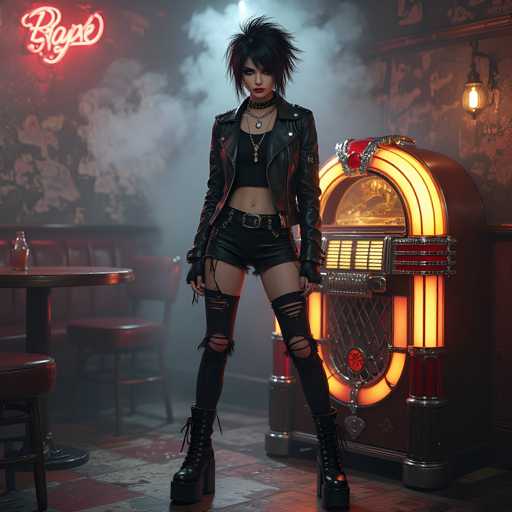 A woman stands confidently in front of a retro-style jukebox with a neon sign that reads "ROYAL". She is dressed in black leather boots and a black tank top, exuding an air of edginess. The room around her is dimly lit, creating an atmosphere of mystery and intrigue. A red booth can be seen in the background, adding to the overall vintage feel of the scene.