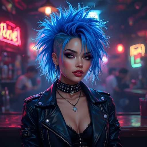 The image depicts a woman with blue hair styled into a spiked mohawk wearing a black leather jacket and necklace. The background shows a bar scene with neon lights and people sitting at the bar.