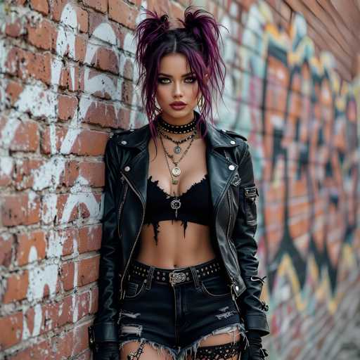 A woman with purple hair is standing against a brick wall adorned with graffiti and wearing a black leather jacket over ripped denim shorts.