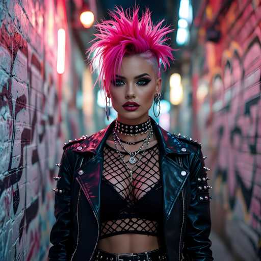 A young woman with pink hair styled into a spiked bob stands confidently against the backdrop of a graffiti-covered brick wall and neon lights. She is wearing a black leather jacket adorned with silver studs on her neckline and a black top that features a mesh design. The woman's face is lit up with a bright smile, adding to her striking appearance.