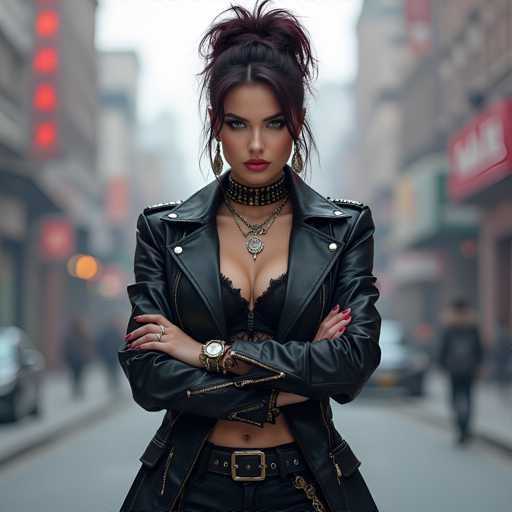 A woman with red hair styled in a bun is standing on a city street wearing a black leather jacket and gold chain necklace. She has her arms crossed over her chest and is looking directly at the camera. The background shows buildings and cars lining the street, suggesting an urban setting.