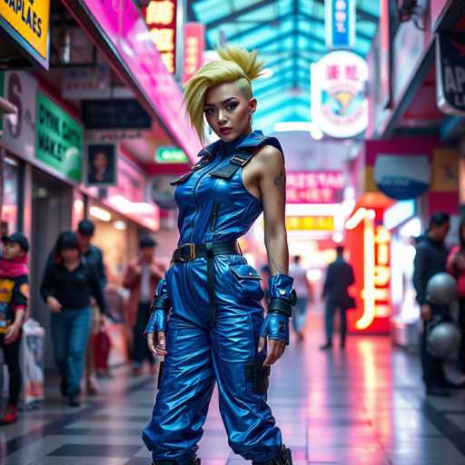 A woman with blonde hair and a yellow tank top is standing on a sidewalk in front of a store called "Dragonfly" that has neon pink and blue signs. The woman is wearing a blue jumpsuit with black straps and boots.