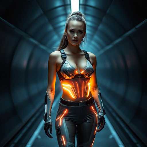 A woman is standing in an empty tunnel with a futuristic design and glowing orange lights on her body. She is wearing a silver bodysuit that has a unique design of orange lines running down the sides. The woman's hair is styled in a high ponytail, adding to the overall futuristic aesthetic.