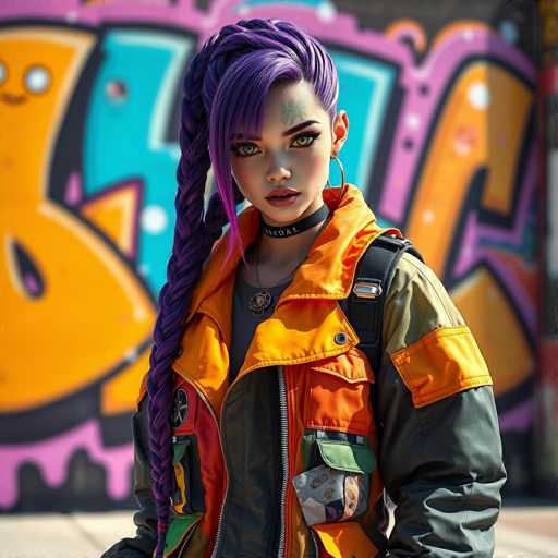 The image shows a young woman with long purple hair wearing an orange and black jacket over a green shirt. She is standing against a backdrop of graffiti art on the wall behind her.