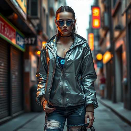 A young woman stands confidently on a city street at dusk, wearing a silver jacket and sunglasses that reflect the ambient light. She holds a black purse in her right hand. The background features buildings with colorful signs and lights, creating an urban atmosphere.