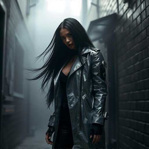 A woman with long dark hair is standing in a dimly lit alleyway, wearing a black leather jacket and holding a camera.