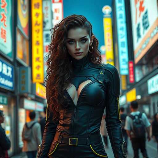 The image shows a woman wearing a black leather outfit with a yellow belt and gold accents standing on a busy street in an Asian city at night. The background is filled with neon signs and buildings, creating a vibrant urban atmosphere.