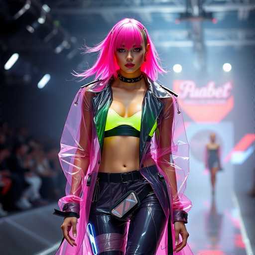A woman with pink hair and a neon green jacket is walking down a runway during a fashion show. She is wearing black pants and carrying a purse on her shoulder. The background shows a blurred crowd of people watching the event from various angles.
