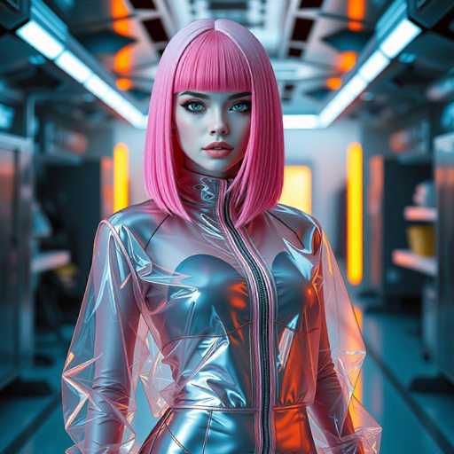 A woman with pink hair and a silver jumpsuit stands in front of a futuristic room filled with blue lights and orange walls.