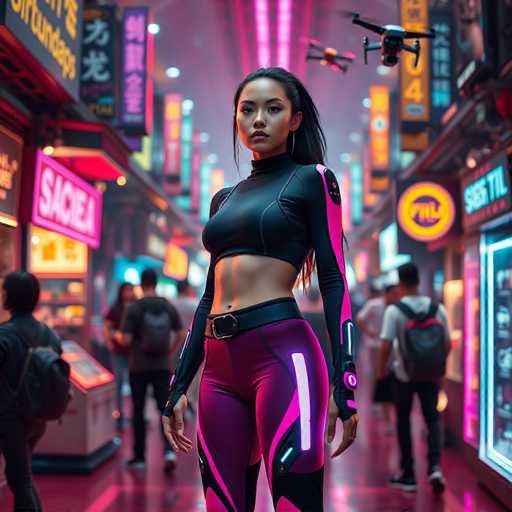 The image depicts a woman standing on a street at night with neon lights illuminating the scene. She is wearing a black crop top and purple pants, giving her a futuristic appearance. The background features various signs in different colors, including pink, blue, yellow, and white, creating an urban atmosphere. In the distance, there are people walking along the sidewalk, adding to the bustling city vibe of the image.