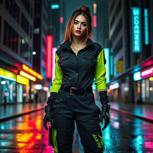 A woman stands confidently on a wet city street at night, wearing a black jumpsuit with green accents and neon yellow gloves. The background is filled with colorful buildings illuminated by bright lights, creating a vibrant urban atmosphere.