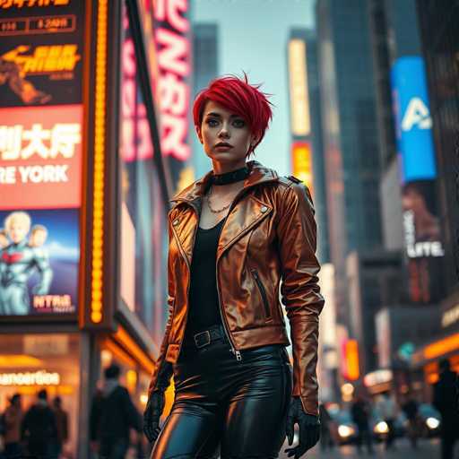 A young woman with red hair is standing on a busy city street at night, wearing a black leather jacket and pants, and holding a microphone. The background features tall buildings illuminated by orange lights, creating a vibrant urban atmosphere.