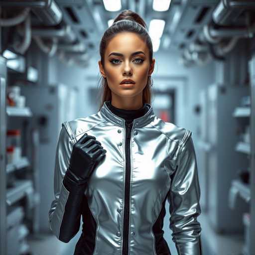 A woman stands confidently in a futuristic room with a metallic sheen and a large window that reflects the light from above. She is dressed in a silver jumpsuit with black accents, and her hair is styled in an elegant updo. The background features shelves filled with various items, suggesting a well-stocked space or perhaps a store selling these items.