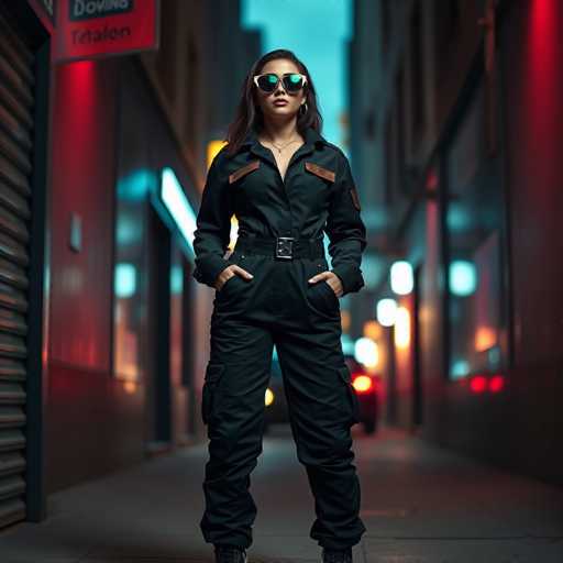 A woman stands confidently on a sidewalk at night, dressed in a black jumpsuit with brown accents and sunglasses. The background is dark and blurred, suggesting an urban setting.