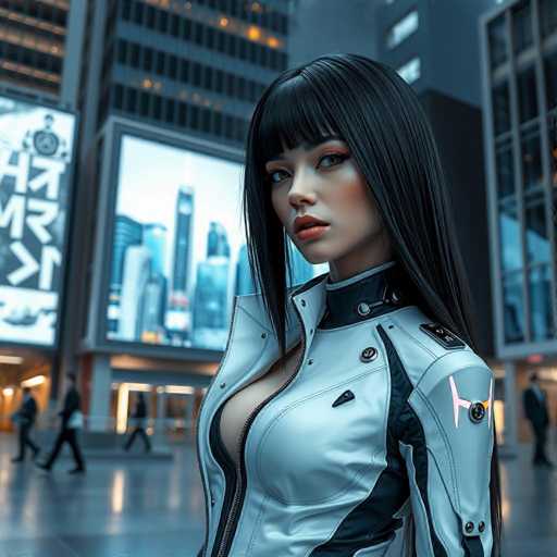 The image shows a woman with long dark hair wearing a white and black suit jacket over a black top. She is standing in front of a large screen displaying the city skyline at night. The background includes tall buildings illuminated by bright lights, creating a vibrant urban atmosphere.